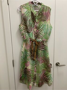 Allegra Masett 100% linen Sleeveless Tropical Leaf Button-Front Dress size XL